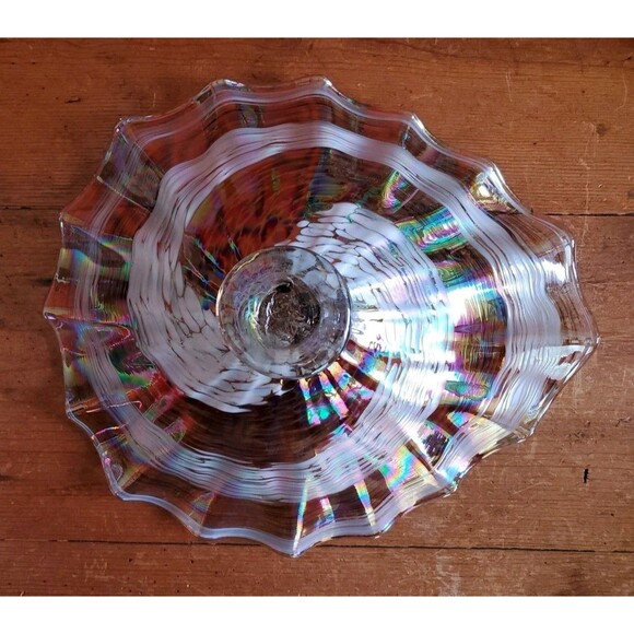 Handmade Blown Art Glass Bowl Ribbon Swirl Ripple Edge Brown Pearlescent Euc - Picture 8 of 10